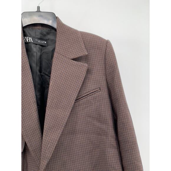 ZARA Women's Brown Gingham Open-Front Long Sleeve Cropped Blazer SZ S - Picture 5 of 12